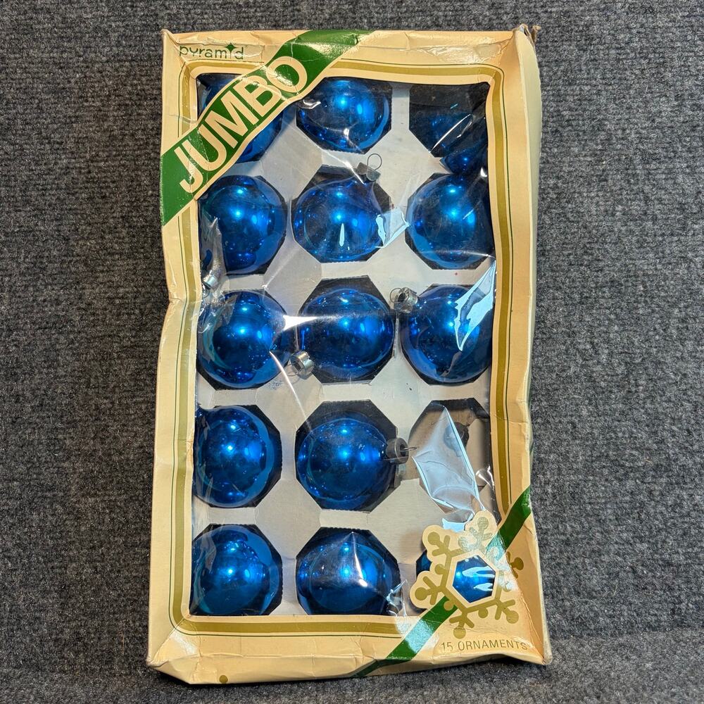 Vintage Pyramid Jumbo Blue Glass Christmas Ornaments Box 13 Balls Retro